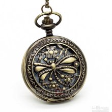 10pcs Elegant Vintage Bronze Color Dragonfly Carving Pocket Watch Ne