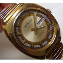 1970' Helbros Invincible Mens Gold 17Jwl Dual Calendar Watch - Almost Mint