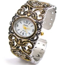 2tone Silver Gold Ornaments Decorated Mop Dial Women's Bangle Cuff Watch