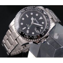 40mm Parnis Stainless Steel Black Dial Gmt Style Ceramic Bezel Auto Men's Watch