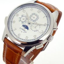 44mm Parnis White Dial Automatic Chronometer Moon Phase Mens Wristwatch 097c