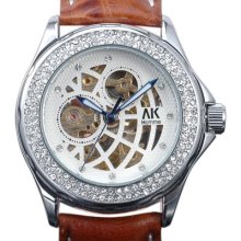 Ak-homme Brown Leather Band Skeleton Face Automatic Mechanical Golden Watch