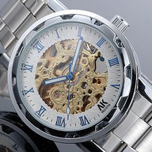 Ak-homme Stainless Steel Mens Roman Numbers Automatic Mechanical Wrist Watch