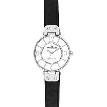 Anne Klein Women Silver Tone Round Black Leather Strap Watch Round Case