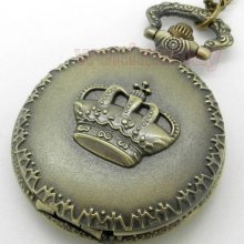 Antique Bronze Royal Imperial Crown Pocket Watch Pendant Necklace Mens P29