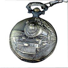 Antique Train Bronze Tone Men Quartz Pocket Watch & Chain