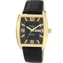 Armitron Men's Black Leather Strap Gold Tone Cushion Day Date Watch