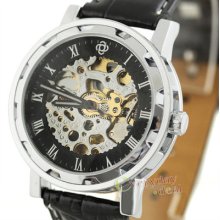 Auto Mechanical Mens Leather Black Skull Skeleton Watch