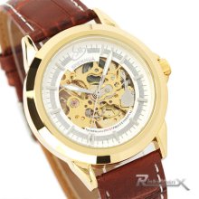 Auto Mechanical White Skeleton Numberless Brown Leather Band Men Casual Watch