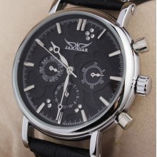 Auto Self Wind 6 Hands Day Date Mens Black Wristwatch Leather Hq Crystal Face