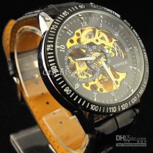 Automatic Mechanical Watches For Men Black Leather Straps Hollow Wri