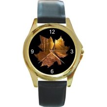 Autumn Leaf on BL Background onGold Watch w/Leather NEW - Multi-color - Gold Tone