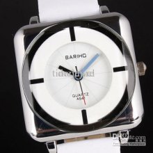 Bariho White Leather White Dial Square Quartz Wristwatch Silver-tone