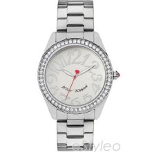 Betsey Johnson Lg Round Dial Crystal Watch Silver Tone Bj00190 Nib+2yr Warranty