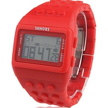 Block Bricks Design Band Watch Wrist with Night Light (Red)