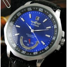 Blue Stainless Dial Day Automatice Mens Wrist Watch Leather Mechanical watch