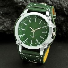 Boy's Military Style Oversized Round Dial Green Pu Leather Big Round Face