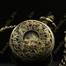 Brass Archaize Steampunk Carved Case Hand-winding Mechanical Pocket Watch Unisex