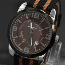 Brown Dial Quartz Canvas Leather Men's Sport Deluxe Wrist Watch Calendar Display