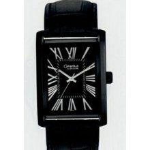 Bulova Caravelle Men`s Black Rectangular Dial Dress Watch W/ Leather Strap