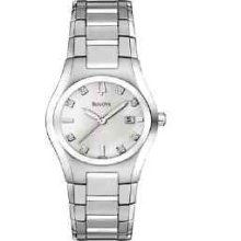 Bulova Ladie's White Dial Diamond Watch 96p108 Free S&h