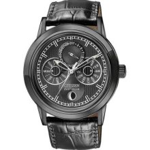 Citizen Eco-drive 8651 Moon Phase All Black Watch Leather Bu0035-06e