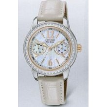 Citizen Eco Drive Ladies` Silhouette Crystal Watch With White Leather Strap