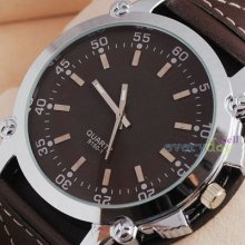 Classic Design Quartz Watch Brown Leather Mens Wristwatch Arabic No.newest Gift