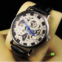 Classic Hollow Skeleton Blue Hand Black Band Hand-winding Mechanical Wrist Watch