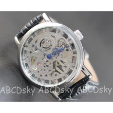 Classic Men's Steampunk Black Leather Luxury Stainless Steel Mechanical Wrist Watch-hand wind mechanical watch