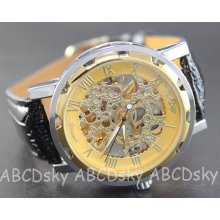 Classic Steampunk Automatic Mechanical Wrist Watch ,Golden Plated Mechanical Wrist Watch with Black Leather Wristband