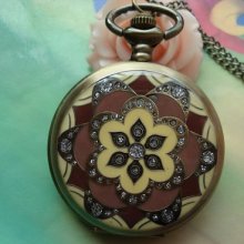 Coffee Yellow Flower Diamond Round Pocket Watch Locket Pendant Neck