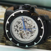 Cool Men's Automatic Wrist Watch Black Fashion Rim Skeleton Face Pu Leather