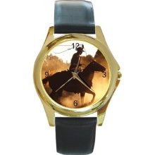 Cowboy on Horse on Gold Watch w/ Leather Band NEW - Multi-color - Gold Tone