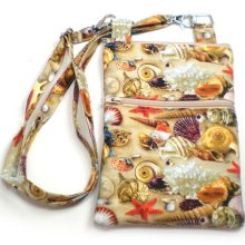 Cross Body Hipster Rectangular Mini Pack Purse with Adjustable Strap Seashells on the Sandy Beach