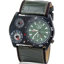 Dark Green Quartz Movement Analog Sporty Watch with Faux Leather Strap, Compass, Thermometer