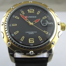 Dial Clock Hours Hand Date Gold Black Leather Men's Wrist Watch Whp91