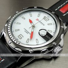 Dial Clock Hours Hand Date Water Black White Leather Men Wrist Watch Wg137