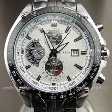 Dial Water Quartz Hours Date Silver Hand Sport Men Steel Wrist Watch W064