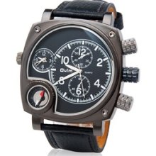 Dual Quartz Movement Analog Sporty Watch with Faux Leather Strap, Compass (Black