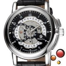 Elegant Orkina Mens Mechanical Wrist Watches Skeleton Self-wind Black Case Watch