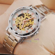 Elegant Silver Stainless Steel Selfwind Mechanical Mens Wristwatch Nice Skeleton