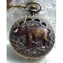 Elephant pocket watch, Men's elephant pocket watch with tiger eye beads adorning chain