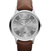 Emporio Armani Round Leather Strap Watch Brown/ Silver