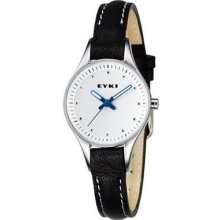 Eyki Women's Black Leather Watch Simple White Dial And Blue Hands Et102