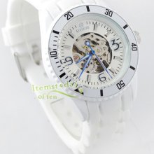 Fashion Full White Goer Skeleton Wrist Watch Unisex Silicone Band Polish Rare