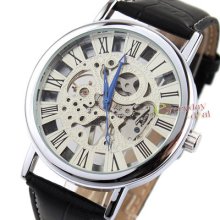 Fashion Mens Silvery Skeleton Transparent Blue Engraved Mechanical Watch Leather