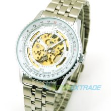 Fashion Racer Silver S/steel Skeleton Men Cuff Sport Automatic Mechanical Watch