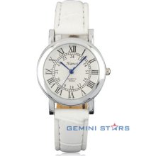 Fashion White Leather Strap Round Roma Number Dial Office Women Cuff Wrist Watch