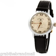 Favre Leuba Geneve Vintage Black Leather Round Silver Dial Men's Watch W-64